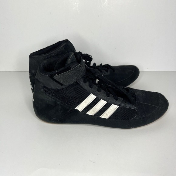 Adidas Wrestling Shoes Mens 9.5 Mid Sneakers Black Leather Lace Up Strap AQ3325